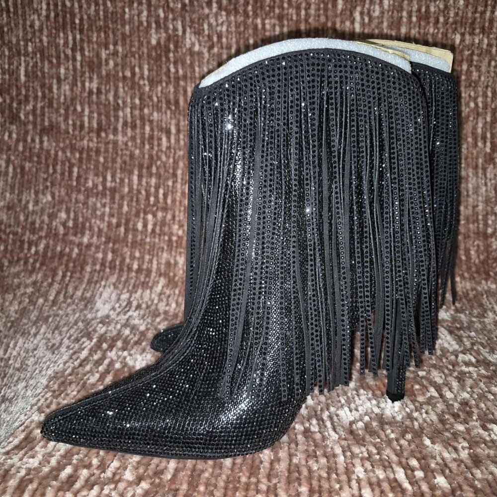INC International Concepts Black Rhinestone boots with fringe, New w/o tags Sz 7